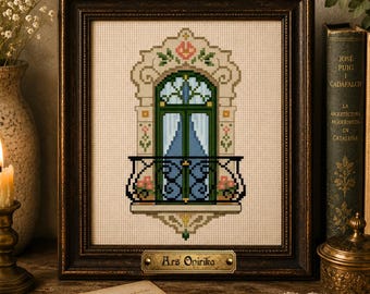 Patrón de punto de cruz para balcón modernista – Ventana de Barcelona (PDF), patrón de bordado Art Nouveau
