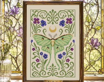 Patrón de punto de cruz de polilla floral – Muestra botánica estilo cottagecore Art Nouveau en PDF