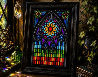 Patrón de punto de cruz de vidriera gótica: bordado de ventana colorido (PDF) - Gráfico de una página