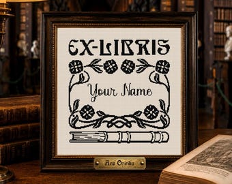 Patrón de punto de cruz personalizado para ex libris, PDF con ex libris personalizado, regalo ideal para amantes de los libros y bibliófilos.