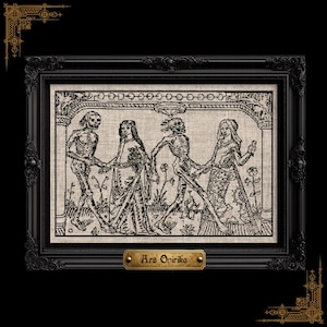 May include: A black and white cross-stitch embroidery depicting a Danse Macabre scene with two skeletons dancing alongside two figures in medieval clothing. The artwork is housed in a black ornate frame with a plaque reading Ars Onirika.