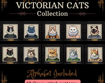 Paquete de gatos victorianos - Patrón de punto de cruz personalizable – Conjunto de 10 archivos PDF