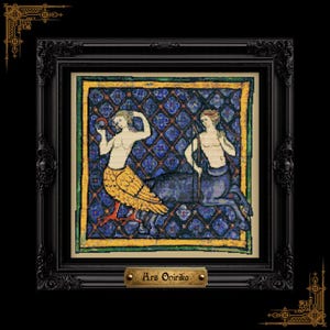 May include: Framed artwork featuring a medieval-style illustration of two mythical creatures, one with a golden fish tail and the other a centaur. The background is a blue and gold patterned design. The frame is black with ornate detailing, and a small plaque reads "Ars Opirika".