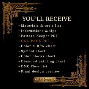 K&ouml;nnte beinhalten: Schwarzer Hintergrund mit goldenen dekorativen Ecken und Text. Der Text lautet &bdquo;YOU'LL RECEIVE&ldquo; gefolgt von einer Liste von Artikeln, darunter Materialien, Anweisungen, Diagramme und eine endg&uuml;ltige Designvorschau. Der Text &bdquo;Ars Onirika&ldquo; steht unten.
