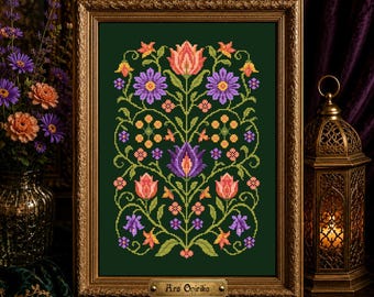 Patrón de punto de cruz para tapiz "Flor medieval" – Patrón de arte popular (PDF) - Gráfico de una página