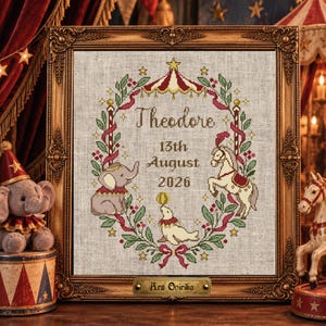 Primera Navidad del Bebé Patrón Punto de Cruz Recuerdo Recién Nacido Regalo Nuevos Padres Circo Habitación Infantil PDF Imprimible