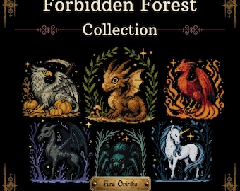 Paquete de punto de cruz de fantasía oscura, criaturas del bosque encantado, conjunto de múltiples patrones con gráficos de colores en PDF.