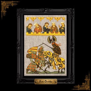 May include: A cross-stitch embroidery in a black ornate frame featuring a medieval jousting scene with two knights on horseback and a row of five figures above. The text "Ars Onirika" is printed on a gold plaque at the bottom of the frame.