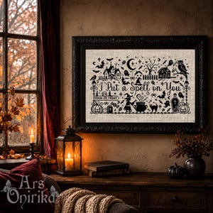 Halloween-korsstygnsmönster – Witchy Cottage Blackwork-broderi (PDF-nedladdning)