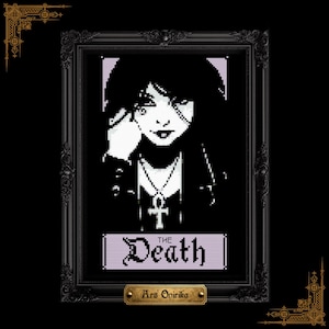 Può includere: Ritratto in pixel art in bianco e nero di un personaggio dei fumetti di The Sandman, incorniciato in una cornice nera ornata. Il personaggio ha i capelli scuri, un ciondolo e una benda su un occhio. Il testo "THE Death" è sotto l'immagine.