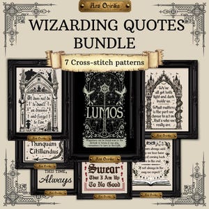 Puede incluir: Una colección digital de 7 patrones de punto de cruz titulada WIZARDING QUOTES BUNDLE de Ars Onirika. La imagen muestra varios diseños enmarcados con texto en blanco y negro, elementos arquitectónicos góticos y símbolos mágicos sobre un fondo beige.