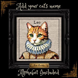 May include: A cross-stitch pattern featuring an orange and white tabby cat wearing a blue and white ruffled collar and a brown garment. The text "Add your cat's name", "Leo", "Ars Onirika", and "ALPHABET INCLUDED" are visible in the image.
