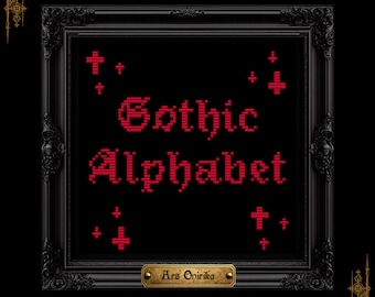 May include: A black ornate frame containing red pixelated cross-stitch text that reads Gothic Alphabet, surrounded by small red cross symbols. A gold-colored rectangular plaque at the bottom displays the text Ars Onirika.
