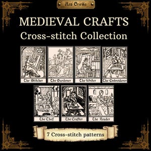 Può includere: Una collezione di sette schemi a punto croce intitolata Medieval Crafts Cross-stitch Collection di Ars Onirika. L'immagine presenta illustrazioni in bianco e nero di The Stitcher, The Gardener, The Writer, The Embroiderer, The Chef, The Crafter e The Reader.