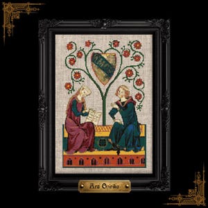 May include: A cross-stitch embroidery in a black ornate frame featuring two figures in medieval-style clothing sitting on a bench. Above them is a shield and a tree with red flowers. The text "Ars Onirika" is printed on a gold plaque at the bottom.