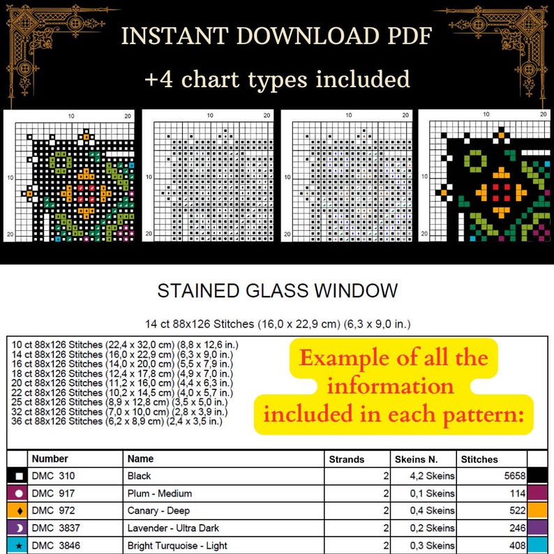 K&ouml;nnte beinhalten: Ein digitales PDF-Kreuzstichmuster mit vier Diagrammtypen. Das Design ist ein Buntglasfenster, mit einer Farbkarte und einer Liste von DMC-Garnfarben, einschlie&szlig;lich Schwarz, Pflaume und Kanariengelb. Das Muster ist 16,0 x 22,9 cm gro&szlig;.