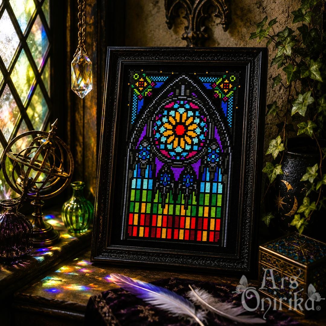 Gothic Stained Glass Cross Stitch Pattern – Colorful Window