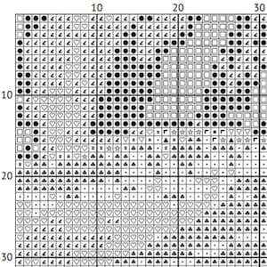 May include: Black and white cross stitch pattern with a variety of symbols including hearts, stars, and clover shapes.
