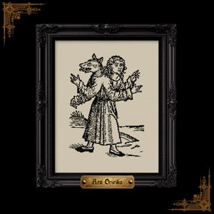 May include: Black framed print with a medieval woodcut illustration of a figure with a wolf's head. The figure is wearing a long robe and has outstretched arms. The print has the text "Ars Onirika" on a small gold plaque.