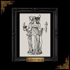 May include: A black and white illustration of a three-faced figure holding a torch and a serpent-entwined staff, enclosed in a dark ornate frame with a gold-colored plaque at the bottom featuring the text Ars Onirika in a gothic font.