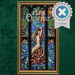 Mermaid Stained Glass Cross Stitch Pattern – Fantasy Window Embroidery PDF – Gothic Art Nouveau Sampler – Digital Download – Pattern Keeper