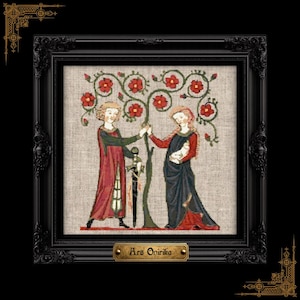 May include: A framed cross-stitch embroidery depicting two figures standing beneath a tree with red flowers. One figure wears a red tunic and holds a sword, while the other wears a dark blue dress. A gold plaque at the bottom reads Ars Onirika.