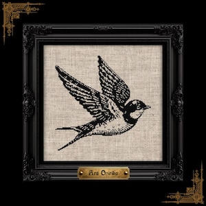 Blackwork Swallow Cross Stitch Pattern – Vintage Embroidery Pattern (PDF) Monochrome