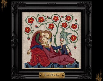 Codex Manesse Korsstygnsmönster Medeltida hovlig kärlek Upplyst manuskript Historisk romantisk konst PDF Digital nedladdning Utskrivbar mall