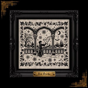 May include: A black and white cross-stitch embroidery featuring a person holding an owl under arches, surrounded by a winter landscape with snowflakes, trees, and a crescent moon. The piece is framed in a black ornate frame with a gold plaque reading Ars Onirika.