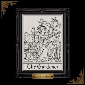 May include: A framed black and white illustration depicting a person in a garden setting, with the text "The Gardener" beneath the image. The artwork is presented in a black frame, with the artist's name on a small plaque.