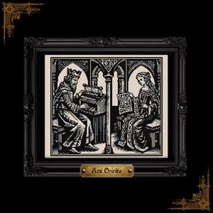 May include: A black and white cross-stitch pattern in a dark ornate frame featuring a king playing a pipe organ and a queen holding a scroll. The text Ars Onirika is printed on a gold-colored plaque attached to the bottom of the frame.