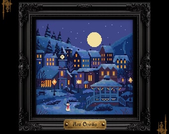 Può includere: Una stampa pixel art quadrata in una cornice nera decorata raffigurante un villaggio innevato di notte sotto la luna piena. La scena presenta case con finestre illuminate, una torre dell'orologio, un gazebo e un piccolo pupazzo di neve. Targhetta dorata Ars Onirika.