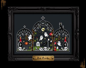 May include: A cross-stitch embroidery in a black ornate frame featuring a graveyard scene with three gothic arches, white ghosts, skulls, a black cat, a raven, a pumpkin, red candles, and a tombstone with the text RIP. A gold plaque reads Ars Onirika.