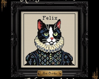 Tuxedo Victorian Cat - Cross Stitch Pattern (PDF) – Alphabet Included - One Page Chart