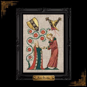May include: A cross-stitch embroidery in a black ornate frame featuring two figures in medieval attire exchanging an object. A vine with red flowers grows between them, with a yellow shield and a headpiece above. The text Ars Onirika is visible.