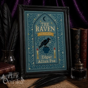 May include: A framed cross-stitch embroidery featuring a blue background with a black raven perched on a pedestal. The text reads THE RAVEN, Nevermore, and Edgar Allan Poe. The design includes a crescent moon, stars, and two lit candles.