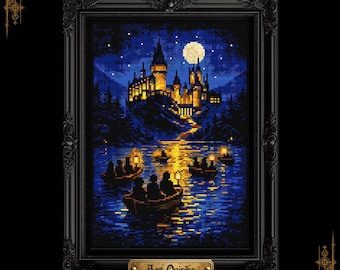 Patrón de punto de cruz de Castillo Iluminado por la Luna – Paisaje Lacustre Fantástico (PDF)