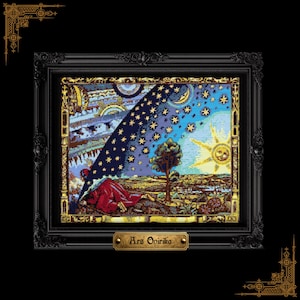 May include: A framed cross-stitch embroidery depicting a person in a red robe peering through the edge of the sky into a starry cosmos, with a sun and landscape below. The frame is black with gold accents and a plaque reading Ars Onirika.