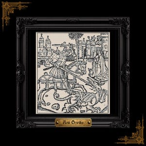May include: A framed black and white medieval illustration depicting a knight on horseback slaying a dragon. The artwork is set against a backdrop of a castle and figures, with the text "Ars Opirika" on a small plaque.