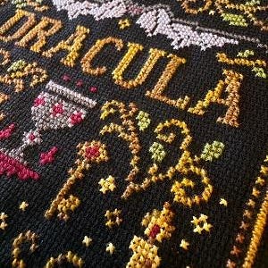 Dracula Cross Stitch Sampler Pattern – Gothic Count Castle Embroidery PDF – Bram Stoker Literary Pattern – Pattern Keeper Compatible