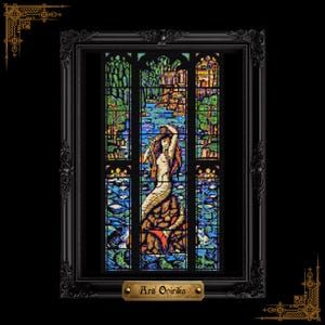 May include: A cross-stitch pattern featuring a mermaid sitting on a rock, rendered in a stained-glass style with vibrant blue, green, and gold tones. The design is enclosed in a black frame with the text Ars Onirika on a gold-coloured plaque.