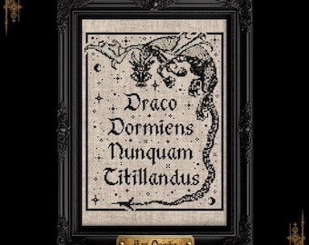 May include: A cross-stitch embroidery in a black ornate frame featuring a dragon illustration and the Latin text Draco Dormiens Nunquam Titillandus. The design is stitched in black thread on a light beige fabric background with stars.