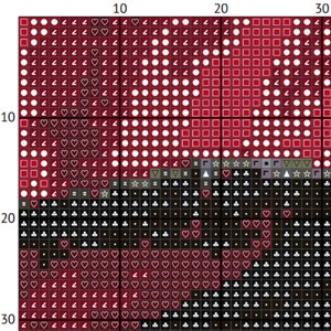 May include: A red, white, and black pixel art design featuring a heart, stars, clubs, diamonds, and spades. The design is made up of small squares.