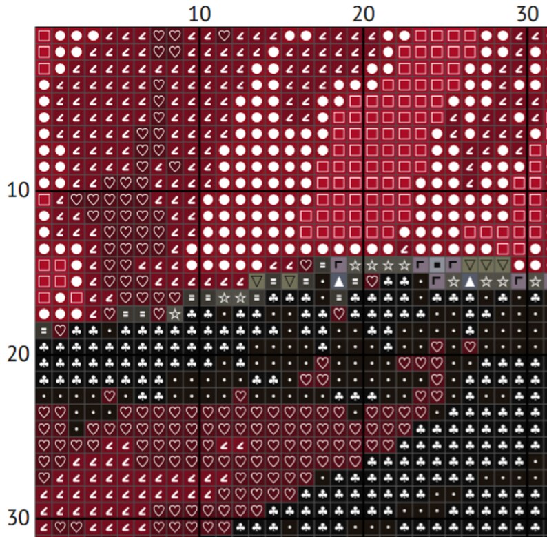 May include: A red, white, and black pixel art design featuring a heart, stars, clubs, diamonds, and spades. The design is made up of small squares.