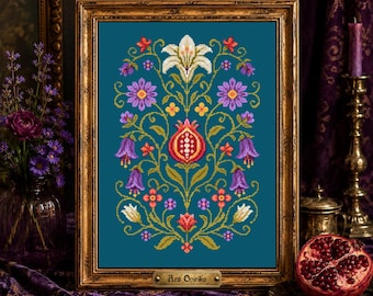 Patrón de punto de cruz para tapiz de granada – Diseño floral (PDF) - Gráfico de una página