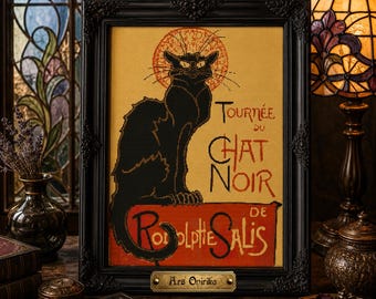 May include: A framed print featuring a black cat silhouette with a red halo, set against a tan background. The text reads Tournée du Chat Noir de Rodolphe Salis. The frame is black with ornate detailing and a small brass plaque labeled Ars Onirika.