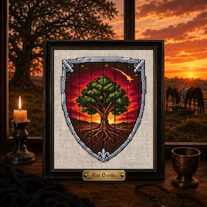 May include: A framed pixel art print featuring a shield shape containing a tree with visible roots against a sunset background. The shield has a metallic silver border with rivets. A small gold plaque at the bottom reads Ars Opirika.