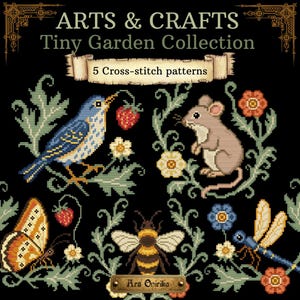 Op de afbeelding: Een digitale collectie van 5 kruissteekpatronen getiteld ARTS & CRAFTS Tiny Garden Collection. Het ontwerp toont een blauwe vogel met een aardbei, een muis, een vlinder, een bij en een libel omringd door groen gebladerte en bloemen.