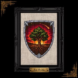 May include: A cross-stitch embroidery featuring a shield shape containing a green tree with visible roots against a red and orange sunset sky with a shooting star. The piece is displayed in a black ornate frame with a gold plaque reading Ars Onirika.