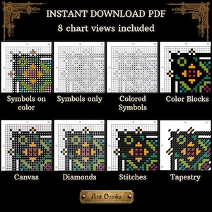 May include: An instant download PDF cross-stitch pattern featuring 8 chart views including symbols on color, symbols only, colored symbols, color blocks, canvas, diamonds, stitches, and tapestry. The design displays a geometric grid pattern.